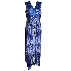 APT 9 Blue White Crochet Neckline Sleeveless Pullover Maxi Dress Womens Size L